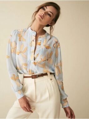 Reiss "Phoenix" Light Blue Long Sleeve Reef Print Blouse US 2